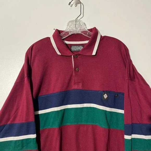 Members Only Vintage Mens Large Long Sleeve Polo Shirt Maroon Colorblock Stripe - Picture 2 of 8